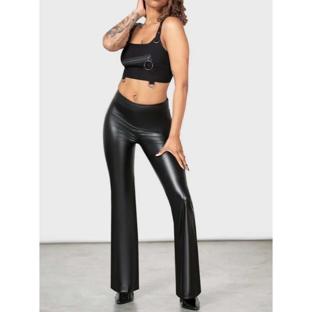 Killstar Orbit PU Flare Trousers Black Faux Leather Bell Bottom Pants Women